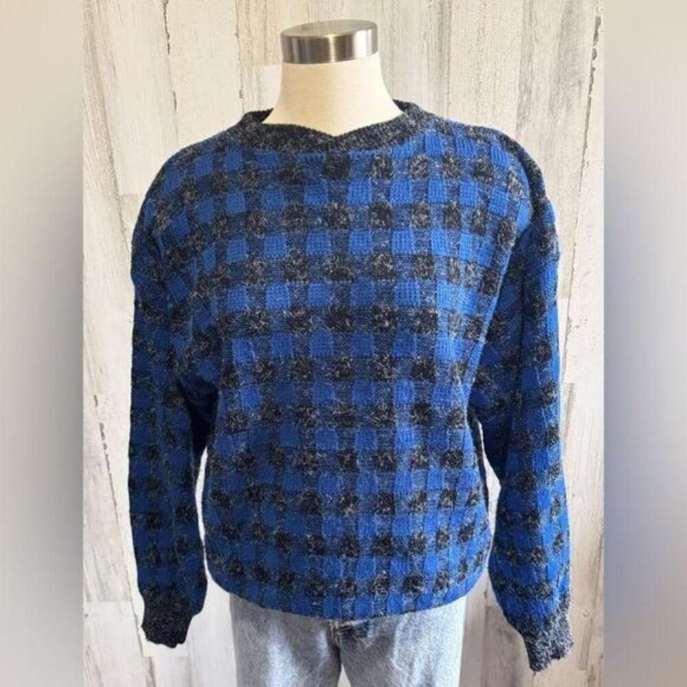 Vintage blue grey Checkered 90s Sweater‎ Oversized Knit XL Retro Style Santana